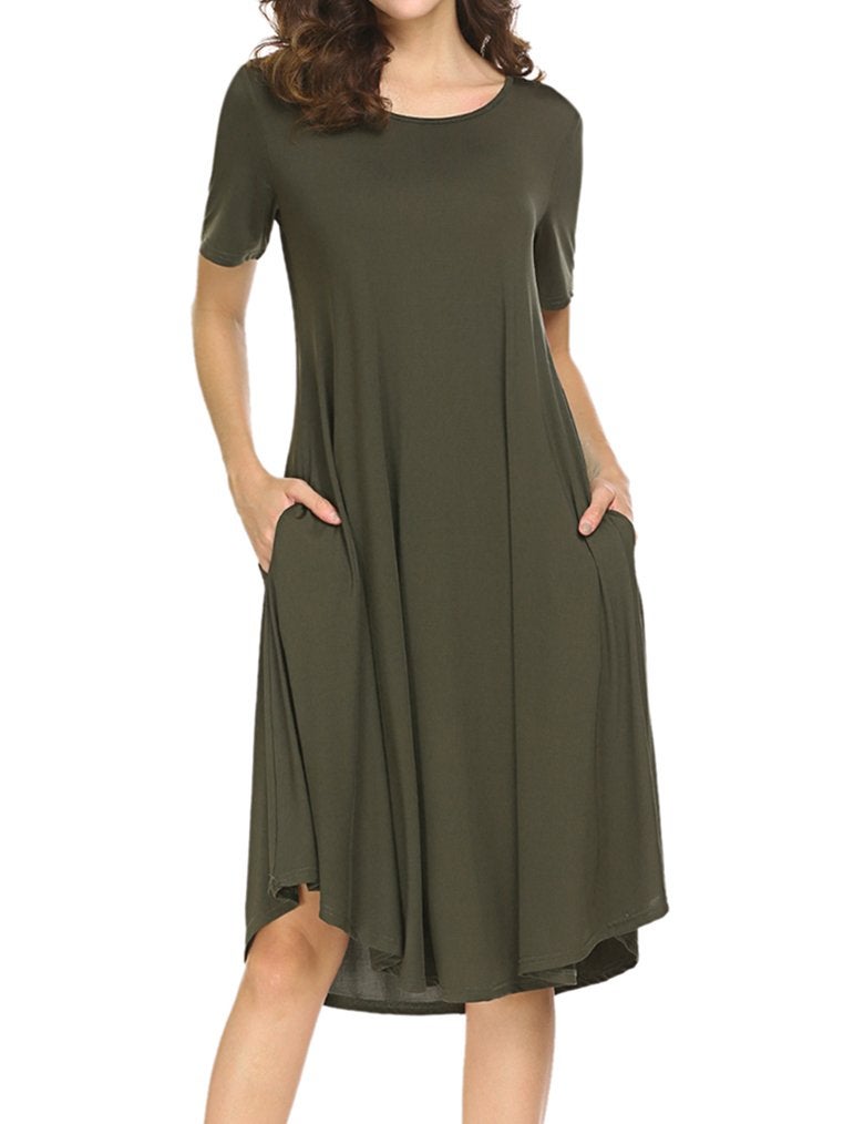 Locryz Women's Casual Plain Short Sleeve T-Shirt Loose Midi Dress XXL Army Green - Image 2